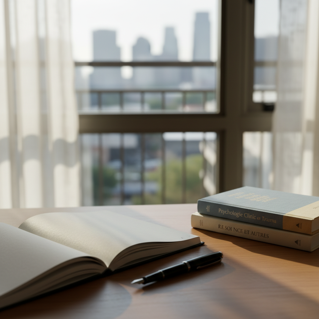 A neatly arranged writing desk symbolizing mental health reflection, with an open, blank notebook in pristine white paper, a smooth black fountain pen, and a small stack of French-language psychology books with soft, muted covers. The desk is a warm wooden surface near a large apartment window overlooking an indistinct American cityscape, all background elements subtly blurred. Soft morning daylight filters through sheer curtains, casting gentle, reassuring shadows and highlights on the paper texture. Photographic realism at eye level, rule-of-thirds composition, with a shallow depth of field focusing on the notebook as a safe space for thoughts. The atmosphere is calm, professional, and hopeful, suggesting evidence-based self-reflection for francophone African immigrants without showing any people.