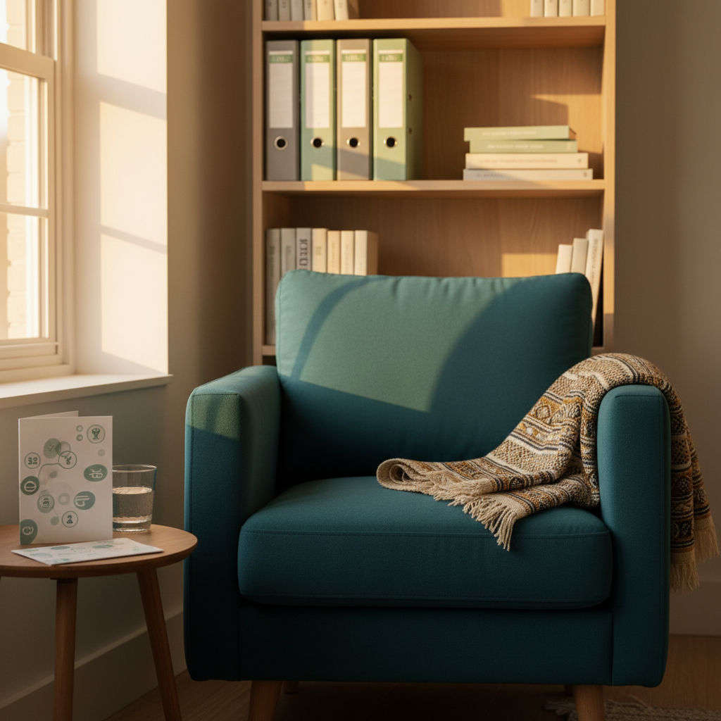 A cozy living-room corner designed as a mental wellness space, featuring a single, well-cushioned armchair upholstered in deep teal fabric, a folded woven African-patterned throw draped over one arm, and a small side table holding a glass of water and a closed French-language brochure labeled only with abstract icons. Behind, a simple bookshelf holds color-coordinated binders and neutral-toned books about health and immigration law, their titles too blurred to read. Late afternoon natural light flows through a nearby window, creating a soft golden glow and gentle shadows. Photographic realism, eye-level composition with a slight angle, medium depth of field. The mood is reassuring, professional, and discreet, evoking a safe, confidential environment for mental health support in the diaspora.